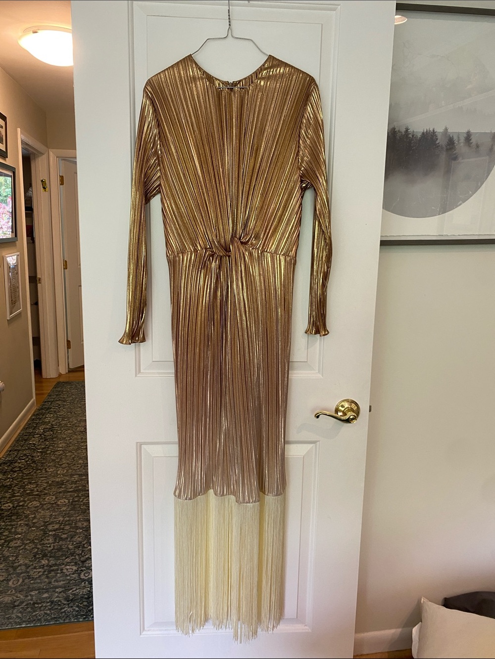 BNWT Ombré Gold Metallic Pleated Fringe Maxi Dress - stretchy!